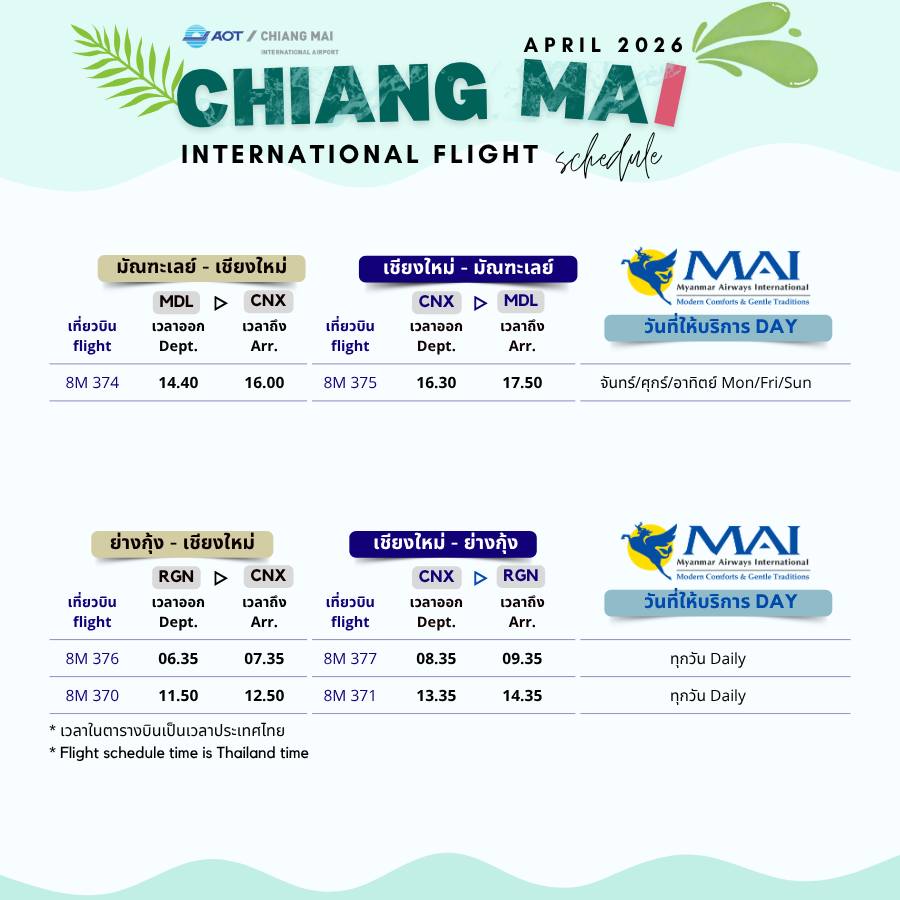 สายการบินเมียนมาร์แอร์เวย์ เชียงใหม่-มัณฑะเลย์-เชียงใหม่และ เชียงใหม่-ย่างกุ้ง-เชียงใหม่